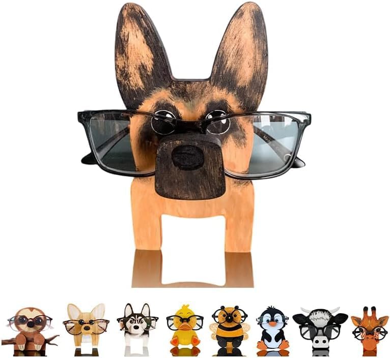 HyeeArt Wooden Animal Glasses Holder , Newsukie - Cute Solid Pine Wood Eyeglasses Stand,Carving Sunglasses Eyeglass Display Stand,Newsukie Creative Gift Glasses Holder for Desk (Flowers Highland Cow) (Dog-4) - Image 1